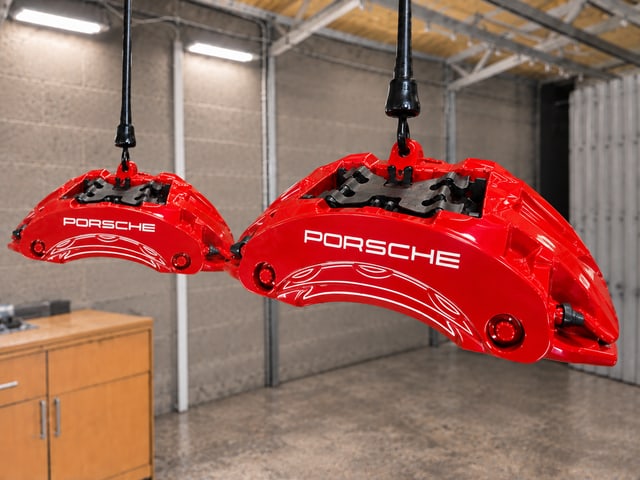 Красные суппорты Porsche с белым рисунком автомобиля, ракурс справа