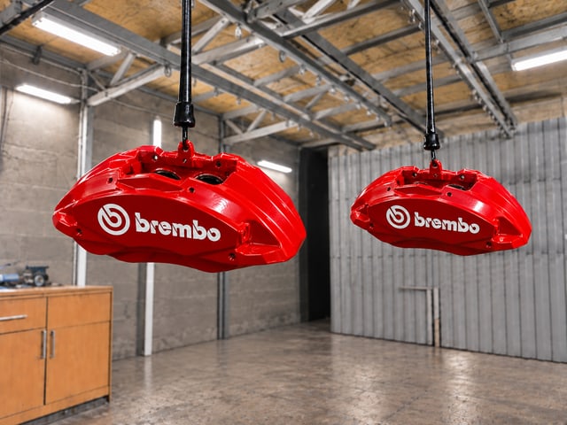 Два красных суппорта Brembo на подвесах, широкий кадр мастерской