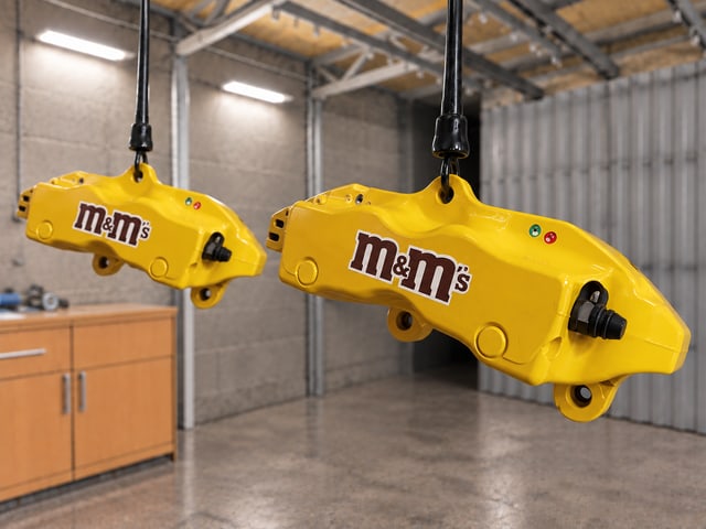 Жёлтые суппорты с оформлением m&m’s, передний суппорт справа