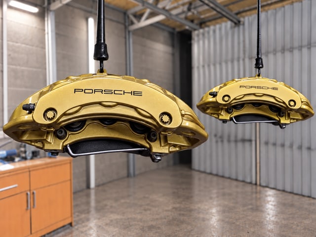 Большие золотые суппорты Porsche с дугообразной накладкой на подвесах